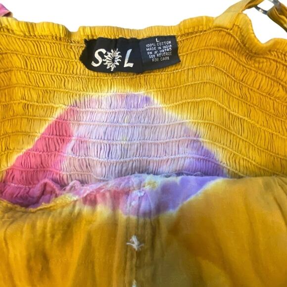 SOL Boho Tie Dye Maxi Dress Mustard Pink Purple Cotton Crochet Trim Size L - Picture 5 of 5